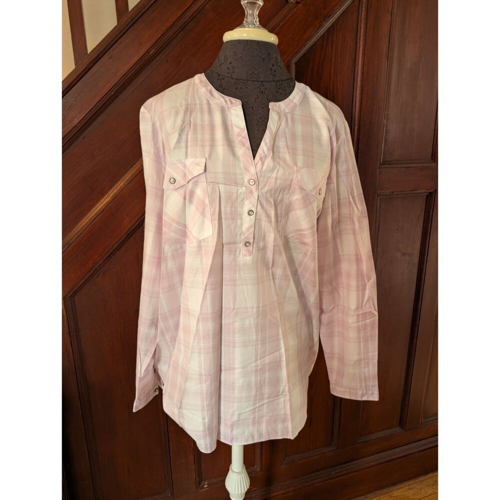 Orvis Womens Plaid Long Sleeve Button Front Shirt Size 20 Pink White Cotton